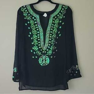 VENUS Black Blouse with Green Embroidery